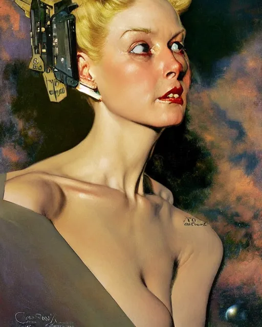 Image similar to head portrait of elegant space woman with wideset blue eyes by norman rockwell, roberto ferri, daniel gerhartz, edd cartier, jack kirby, howard v brown, ruan jia, tom lovell, frank r paul, dean cornwell, astounding stories, amazing, fantasy, other worlds