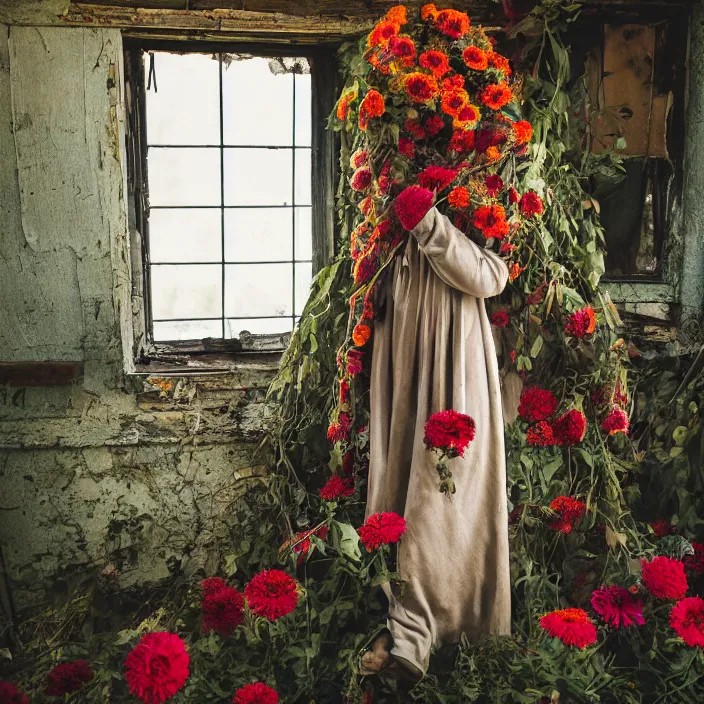 Prompt: a woman wearing a hooded cloak made of zinnias and barbed wire, in a derelict house, by Omar Z. Robles, natural light, detailed face, CANON Eos C300, ƒ1.8, 35mm, 8K, medium-format print