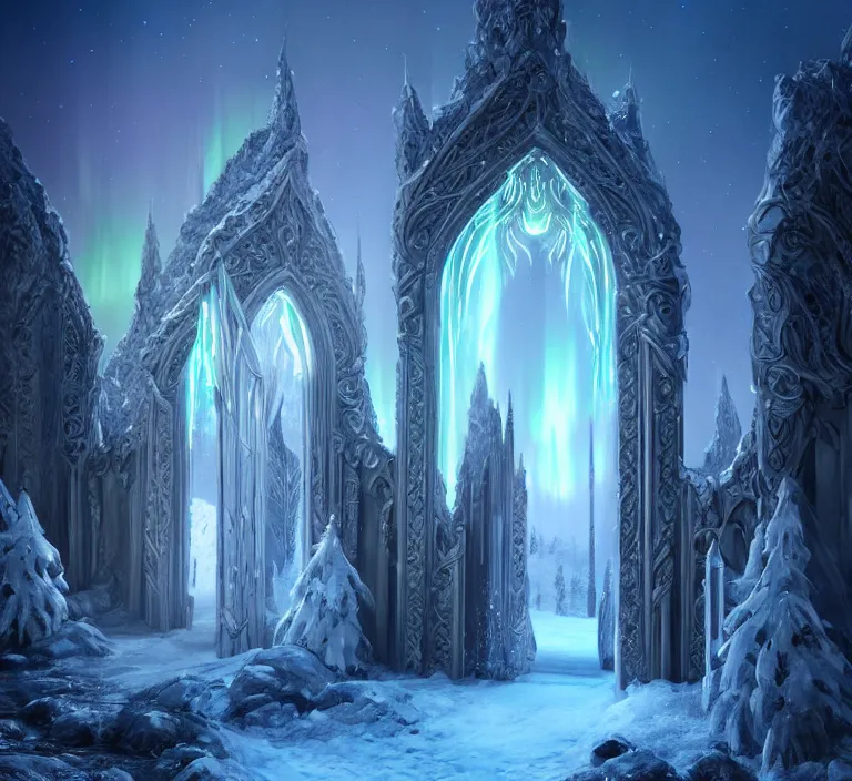 Image similar to a very detailed concept art of intricate and elven white gates to aurora borealis infused with magic, dynamic lighting trending on artstation, symmetry, digital art, 4 k, hyper realistic, octane render, sharp focus