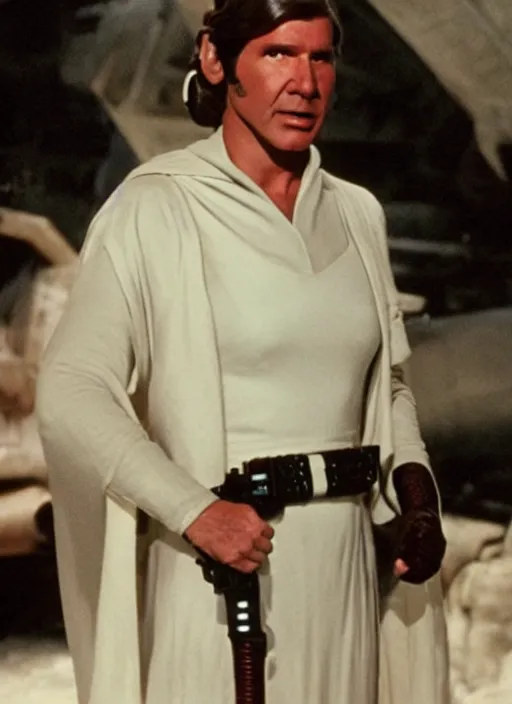 Prompt: Harrison Ford dressed as Princess Leia, photo from movie set