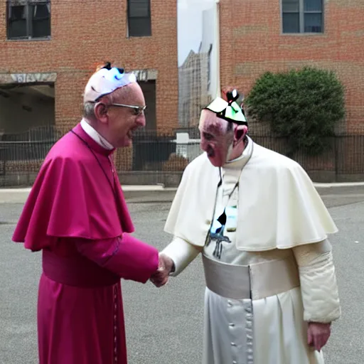 Image similar to the pope and a member of the crips street gang happily shaking hands in a chicago neighborhood, 8 k, very detailed, very intricate,