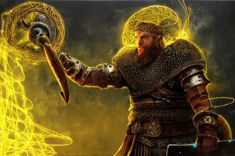 Image similar to mythological viking odin Shaman of artificial intelligence creating an artificial neural network with yellow synapses on an anvil, high resolution, award winning art, trending on art station, sharp image, incredibly detailed, detailed character realistic painting,