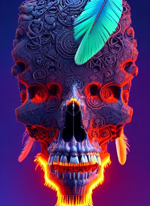 Image similar to 3 d shaman profile portrait, sigma 5 0 0 mm f / 5. beautiful intricate highly detailed quetzalcoatl skull and feathers. bioluminescent, plasma, lava, ice, water, wind, creature, thunderstorm! artwork by tooth wu and wlop and beeple and greg rutkowski, 8 k trending on artstation,