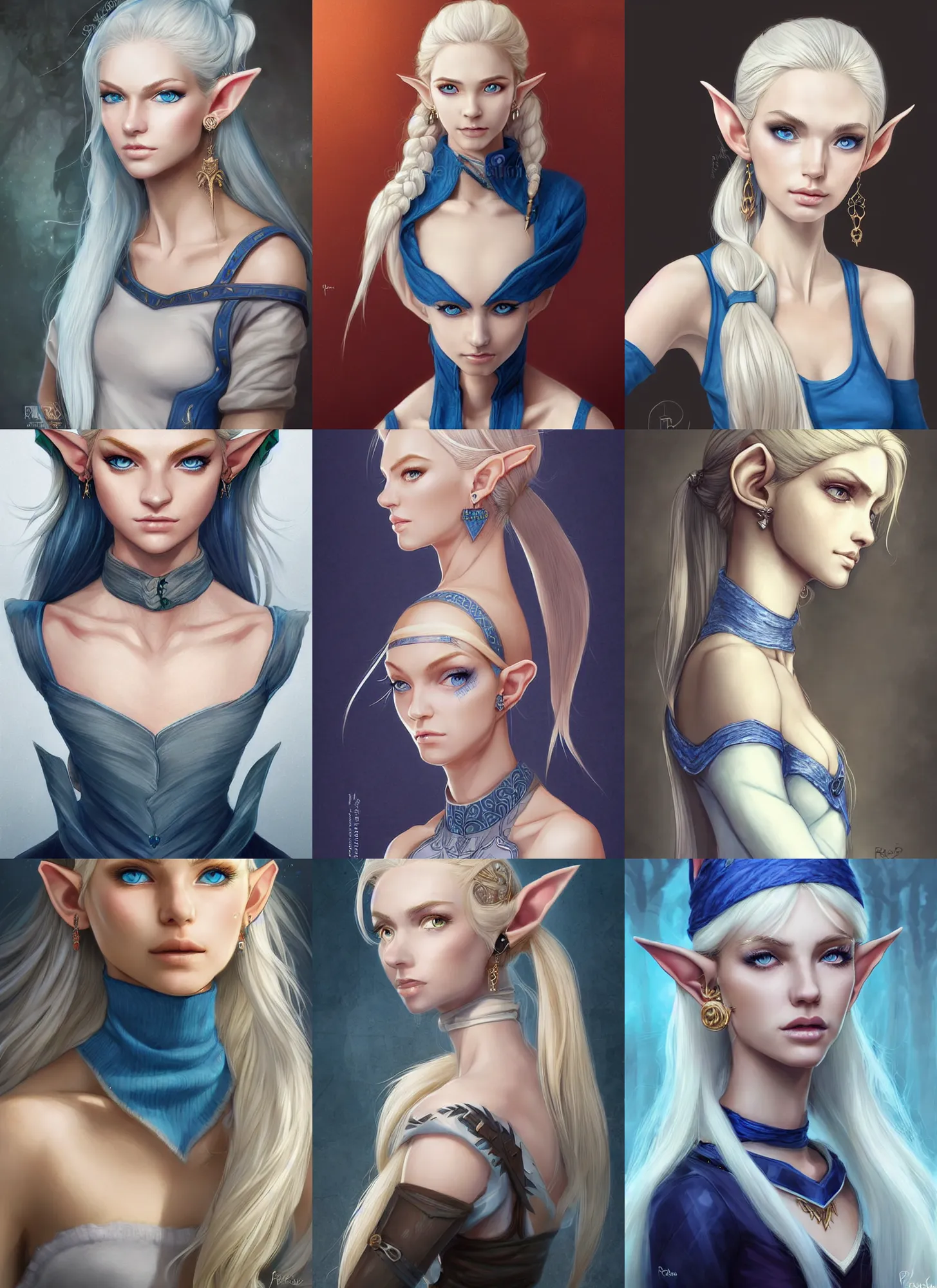 Prompt: bust portait of beautiful elf lady, white skin, blue eyes, blonde, long tied ponytail, serious look, sleeveless turtle neck sweater, earrings, highly detailed, high fantasy, smooth, sharp focus, digital illustration, by rossdraws, frank franzzeta, artgerm