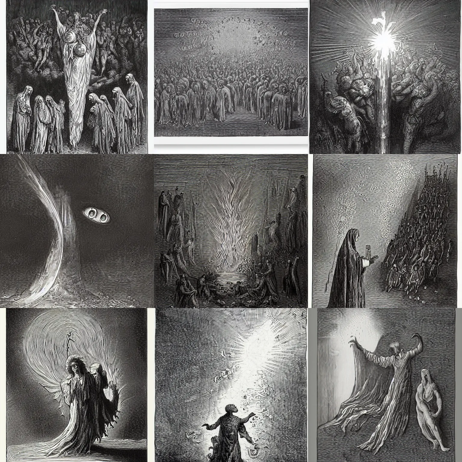 Prompt: A cucumber with eyes in the fires of hell. Gustave Dore, Dante, Woodcut, Black and White.