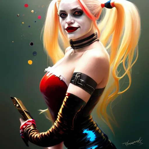 Image similar to Harley Quinn, Portrait of a girl with blonde hair and two pigtails wearing a shiny latex top, face, fantasy, intricate, elegant, highly detailed, digital painting, artstation, concept art, smooth, sharp focus, illustration, art by Fernanda Suarez and Artem Demura and alphonse mucha