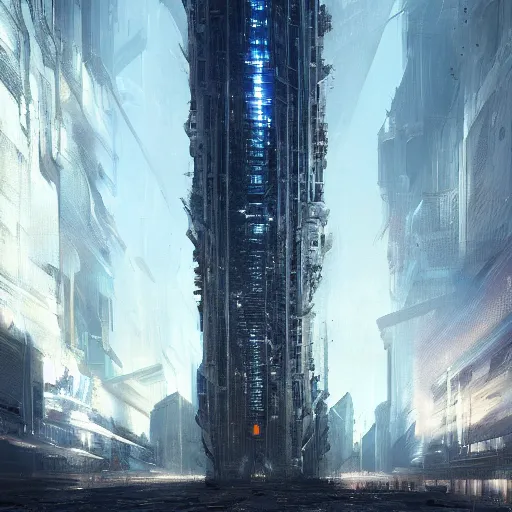 Prompt: concept art of vertical endless city/tower trending on Artstation, by Daniel Dociu and Greg Rutkowski, cyberpunk, sci-fi, futuristic, megastructure, skyscraper, high quality, ultra detailed, ultra realistic