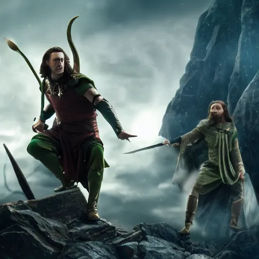 Image similar to the norse god king banishing loki from valhall, dramatic, highly detailed, cinematic, 4 k