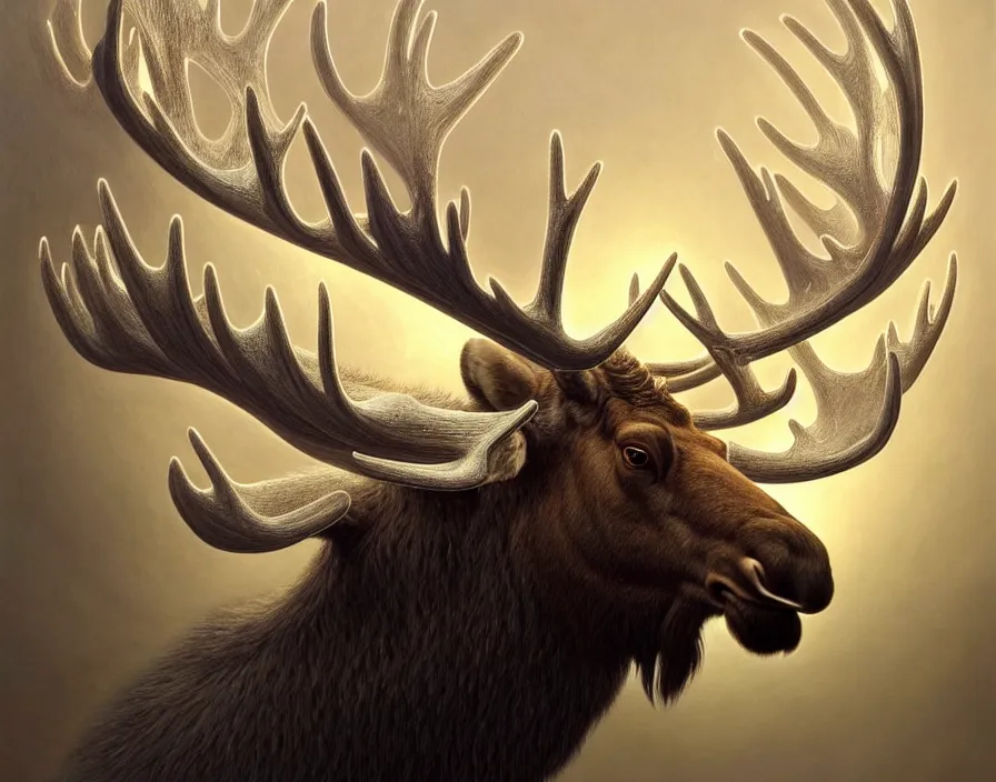 Image similar to a beautiful and very detailed painting of great ethereal moose with silver antlers, dynamic lighting, trending on artstation, path traced, highly detailed, high quality, digital art, hyper realistic, octane render, sharp focus, art by artgerm and greg rutkowski and alphonse mucha, 8 k