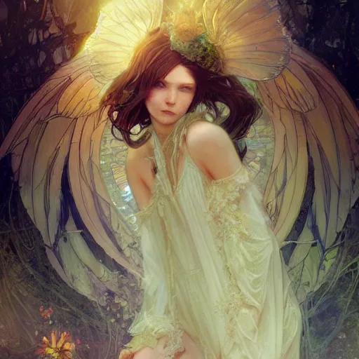 Image similar to beautiful angelic seductive fairy, fantasy, intricate, cinematic lighting, highly detailed, digital painting, artstation, smooth, sharp focus, illustration, art by Akihiko Yoshida, Greg Rutkowski and Alphonse Mucha, by Pixar