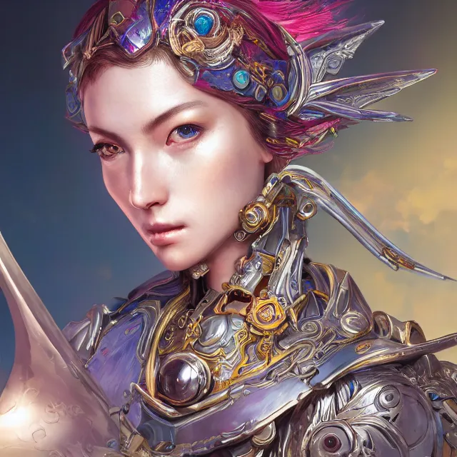 Image similar to studio portrait of lawful good colorful female holy mech paladin as absurdly beautiful, elegant, young sensual pretty woman, ultrafine hyperrealistic detailed face illustration by kim jung gi, irakli nadar, intricate linework, sharp focus, bright colors, matte, octopath traveler, final fantasy, unreal engine highly rendered, global illumination, radiant light, intricate environment