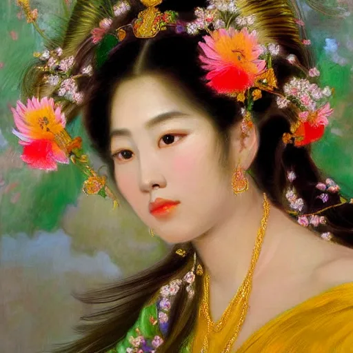 Image similar to a close - up detailed realistic oil painted portrait of a stunning beautiful asian fantasy princess with flowing hair, wearing colorful ornate headdress, flowers, and jewelry, in the style of john singer sargent. raphaelite