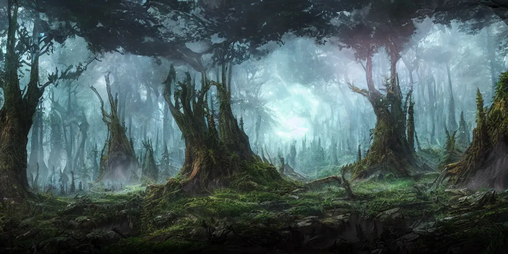 Image similar to A sprawling fantasy forest landscape that is about to be hit with a large meteor, trending on artstation, 8k, detailed, concept art