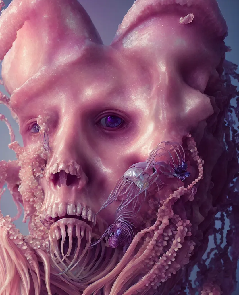 Image similar to goddess close-up portrait human skeleton, ram skull, jellyfish, orchid, betta fish, bioluminiscent, intricate artwork by Tooth Wu and wlop and beeple. octane render, trending on artstation, greg rutkowski very coherent symmetrical artwork. cinematic, hyper realism, high detail, octane render, 8k