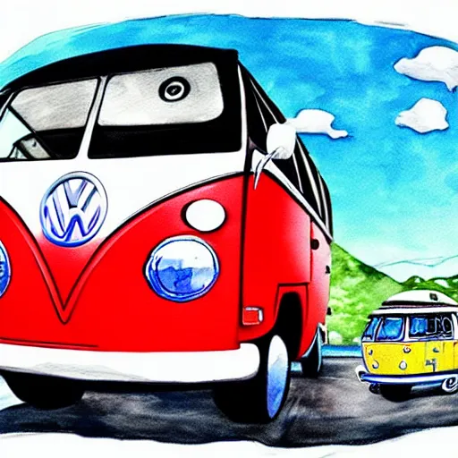 Prompt: fisheye perspective caricature watercolor painting of a vw volkswagen bus, bulli, type - 2, microbus, kombi from pixars cars with eyes instead of a windshield flying towards the camera, jumping at the viewer doors fully open, luggage in the air, dynamic action shot, fish eye lense, frontal, huge vulcano is seen in the background