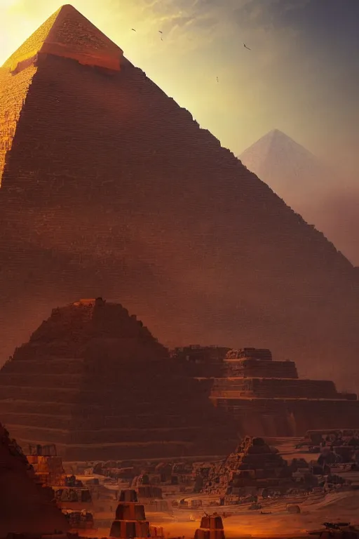 Prompt: magnificent view of the pyramids of gizah, intricate, elegant, volumetric lighting, digital painting, highly detailed, artstation, sharp focus, illustration, concept art, ruan jia, steve mccurry