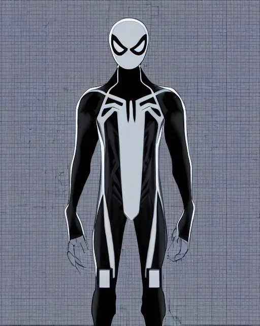 Prompt: black and white cyberpunk spiderman future foundation suit sleek greeble suit concept design