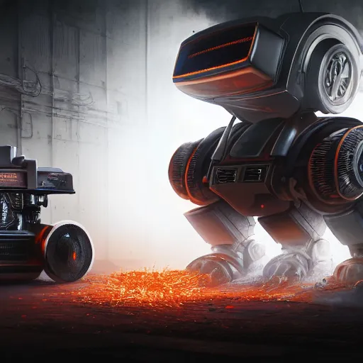 Image similar to toaster oven robot, mechanical, machine, octane render, sharp focus, hyper - realistic, intricate, detailed, eduard pronin, luka mivsek, ruan jia, dark messy smoke - filled cluttered workshop, dark, dramatic lighting, orange tint, sparks, cinematic, highly detailed, sci - fi, futuristic, movie still