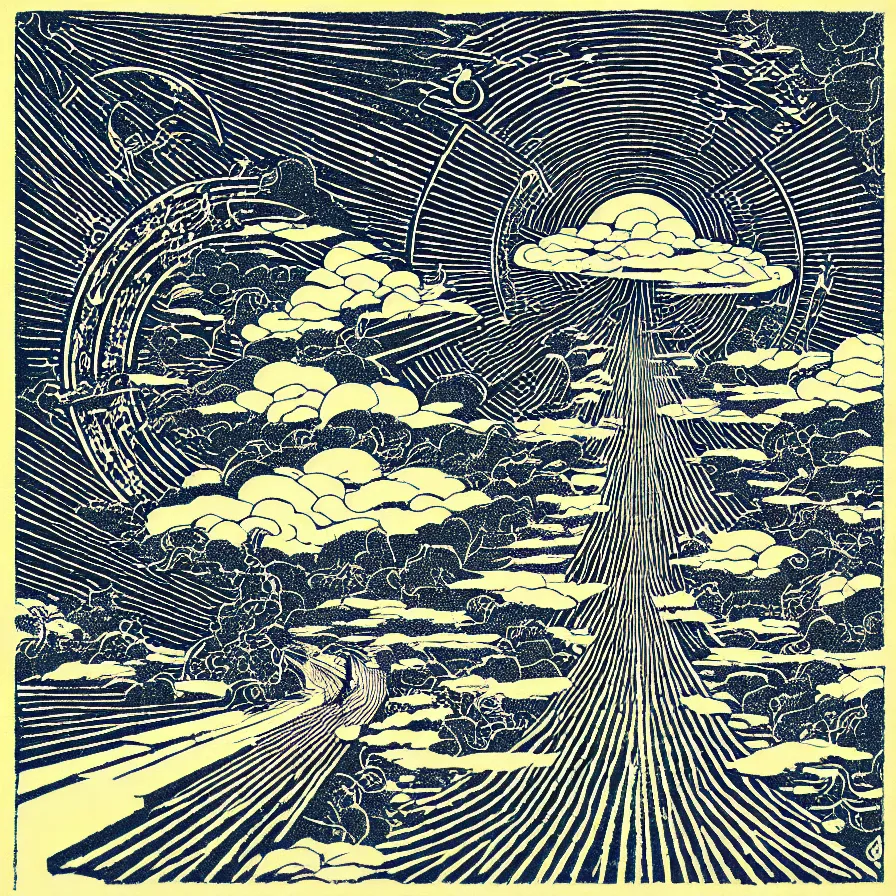 Prompt: symbolism artwork woodblock print for the atmospheric indie music album titled :'the infinite road ahead '.