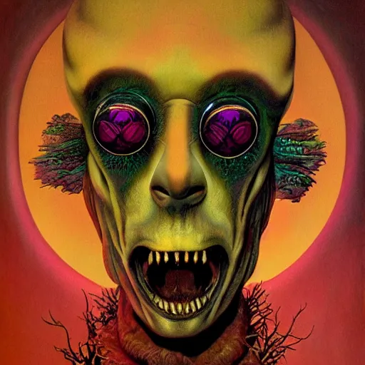 Image similar to Vampire in Fear and Loathing Wonderland, a psychedelic horror fantasy portrait by Wayne Barlowe, vivid color,