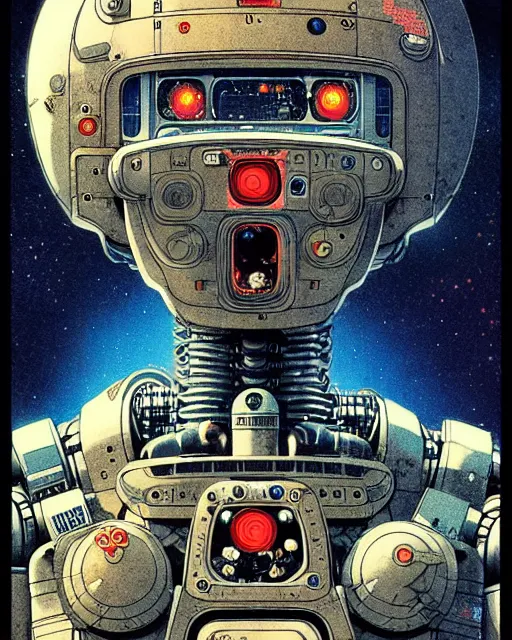 Prompt: katsuhiro otomo, robot, character portrait, portrait, close up, concept art, intricate details, highly detailed, vintage sci - fi poster, retro future, in the style of chris foss, rodger dean, moebius, michael whelan, and gustave dore