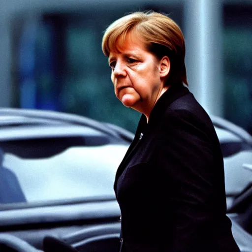 Image similar to Angela Merkel as Neo or Morpheus, in the movie The matrix, 1999. Cinematic. Movie footage.