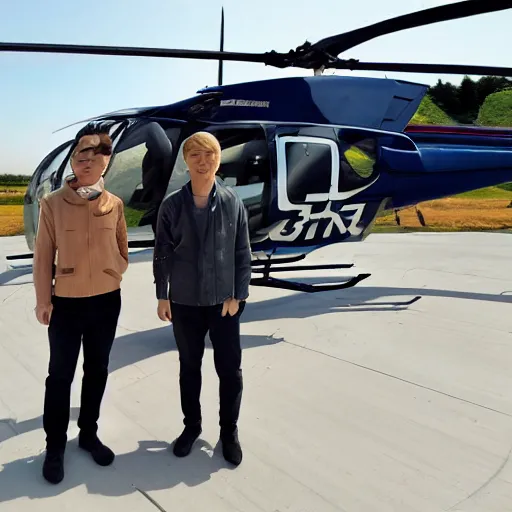 Image similar to painting of blonde swedish guy and tall korean guy in front or robinson r 4 4 helicopter