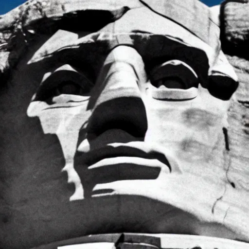 Image similar to a photo of mount rushmore after donald trump's face had been added. the photo clearly depicts the facial features of donald trump and his particular hair style carved into the stone at the mountain top