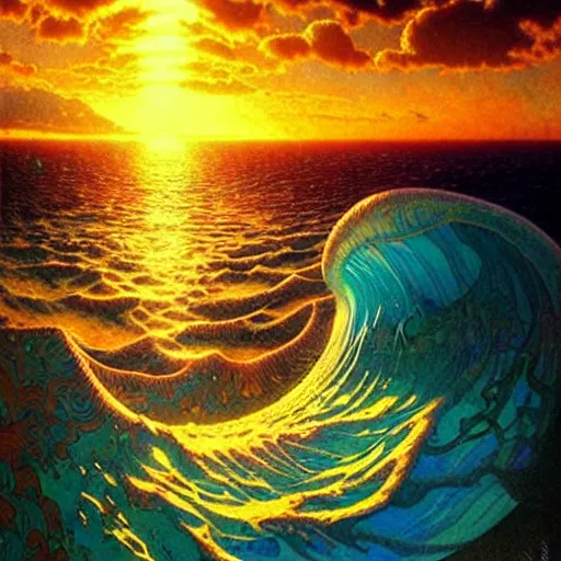 Image similar to ocean wave around ancient giant psychedelic mushroom, lsd water, dmt ripples, backlit, sunset, refracted lighting, art by collier, albert aublet, krenz cushart, artem demura, alphonse mucha