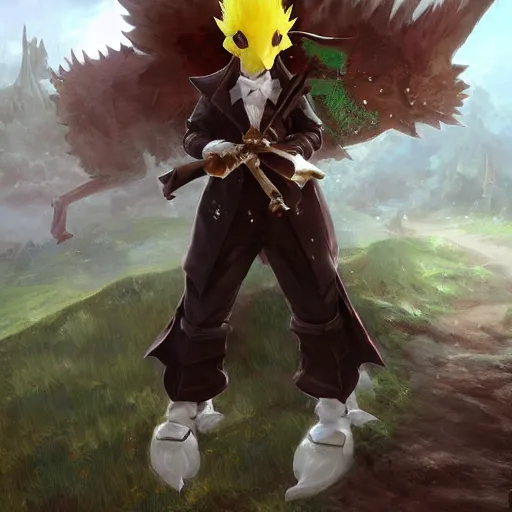 Image similar to final fantasy xiv elf wearing a tuxedo wearing also a racing chocobo mask by Stanley Artgerm Lau, greg rutkowski, thomas kindkade, alphonse mucha, loish, norman Rockwel