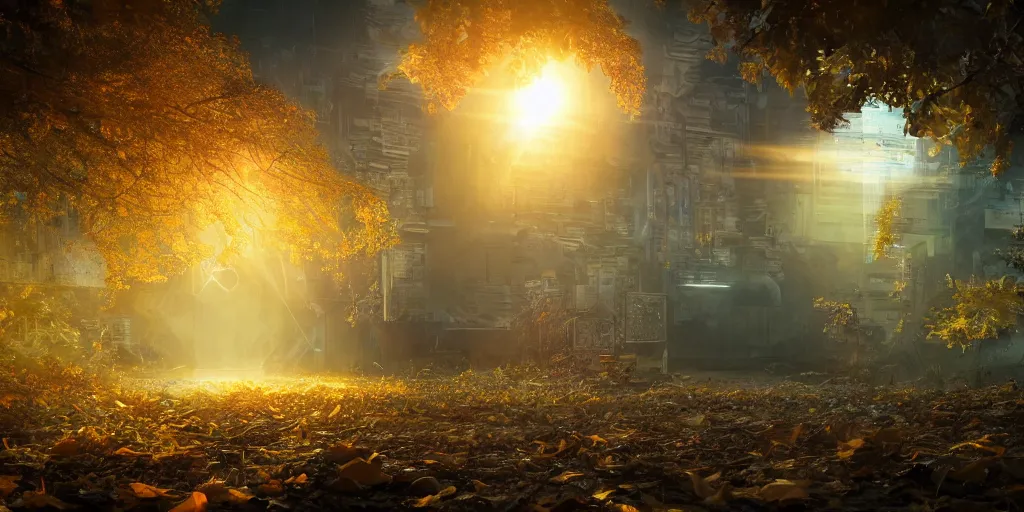 Image similar to A yellow baby rabbit, cyberpunk temple, sunset with falling leaves, Tyndall rays, low angle, light through the mist, dramatic lighting, photorealistic, cinematic lighting, high detail, cinematic feel, high octane, 4K, Unreal Engine, digital render, intricate, ultra realistic, concept art