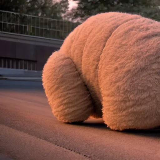 Image similar to colossal fluffy tardigrade, new york, golden hour, cinematic, action shot