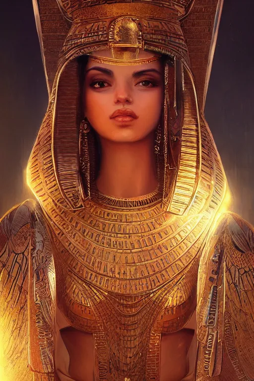 Prompt: Donia Samir Ghanem as egyptian princess, gorgeous, portrait, powerful, intricate, beautiful, masterpiece, elegant, volumetric lighting, digital painting, highly detailed, artstation, sharp focus, illustration, Hajime sorayama, ruan jia