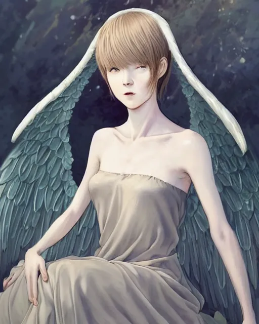 Image similar to an infinitely detailed portrait of a frail and pale female peace angel elegantly. fully - clothed full - body, beautiful! scenery art!! coherent! by wlop & murata range, by ilya kuvshinov. victorian armor trim, cold color palette, artstation / pixiv!! elegantly armored angel portrait full - body, dreamy art