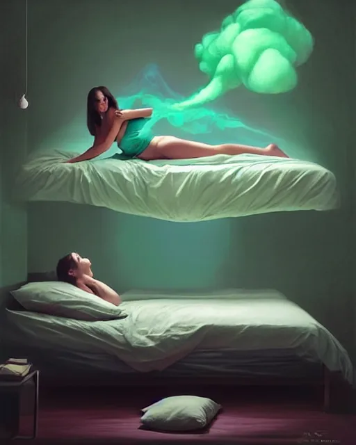 Prompt: a woman floating abover her bed at night, astral projection, green smoke?...! surreal concept art, lifelike, photorealistic, digital painting, aesthetic, smooth, sharp focus, artstation hd, artgerm and by greg rutkowski, bruce pennington, valentina remenar, rhads, asher duran,