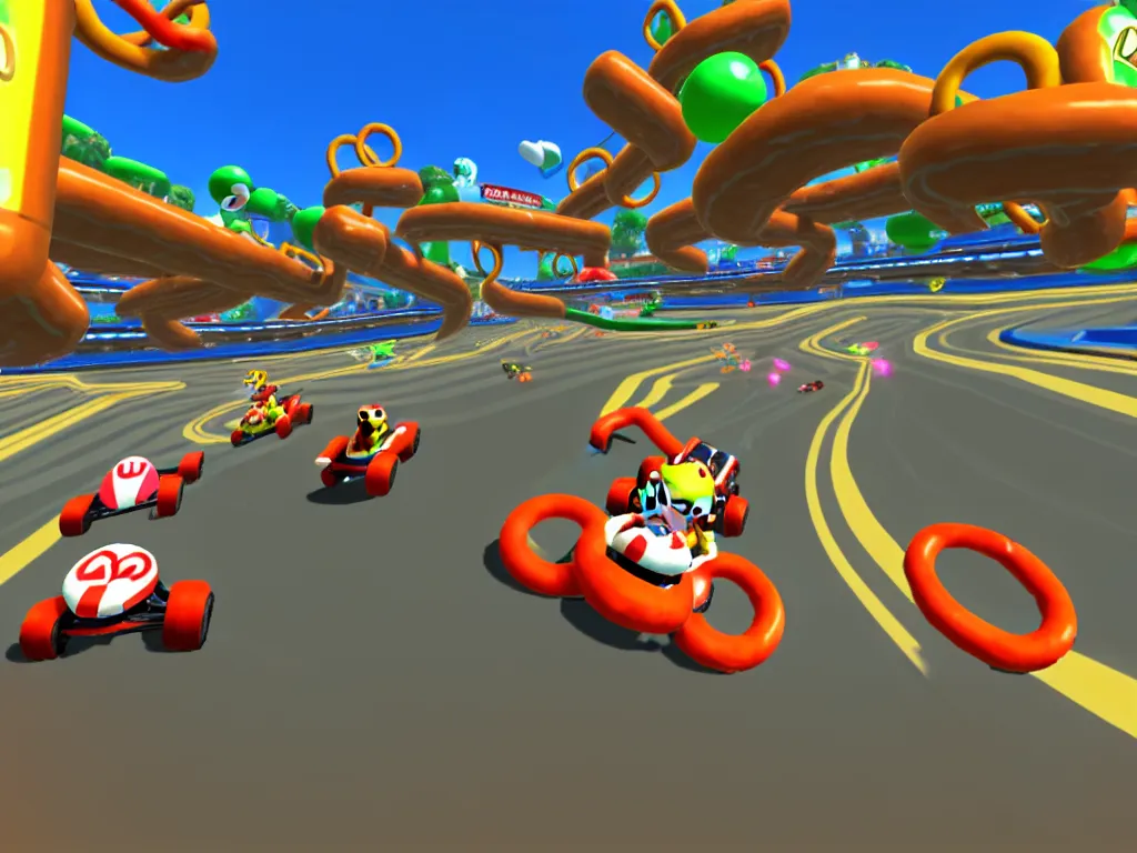 Image similar to pretzel track, mario kart 8 screenshot