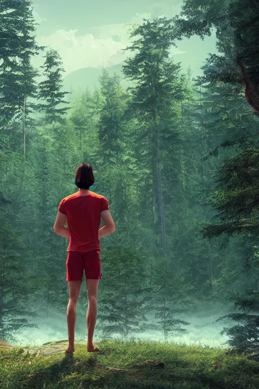 Image similar to young man with wavy black shoulder length hair, muscular back, plain cotton shorts, back view, trees, detailed forest background, webtoon, breathtaking scenery, colourful, 8 k, graphic novel, digital art trending on artstation, volumetric lighting, octane render, cinematic, hyper detailed, magical atmosphere