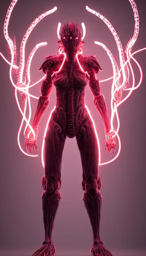 Image similar to stunning symmetric full body character image, woman, predator, Protoss, human, Tsutomu Nihei, 3d octane render, unreal engine, hyper realistic, realistic, white bone armor, soft illumination, human facial features, surrounded in red glowing tendrils of whispy smoke, trending artstation, 4K, insane