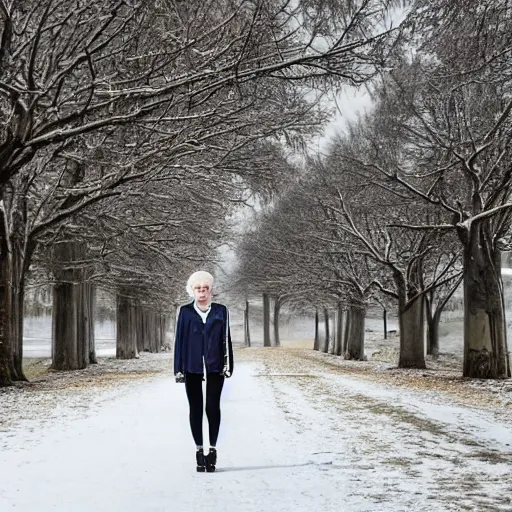 Image similar to 19-year-old Aristocratic platinum-blonde-haired hime-cut blue-eyed French empress wearing white leggings and black jacket, walking down sidewalk, winter trees, dead trees, mill, abandoned mill, drones, HD photograph