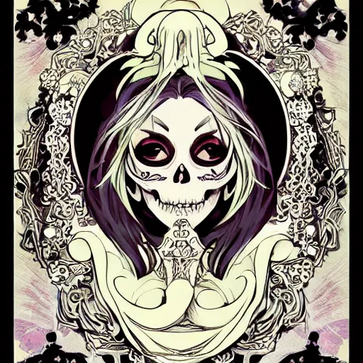 Prompt: anime manga skull portrait young woman skullmask mask fairytale comic skeleton illustration style by Alphonse Mucha pop art nouveau