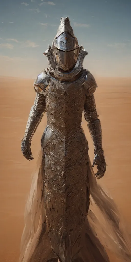 Image similar to a knight in crystal armor in the desert surrounded by sand dunes, greg rutkowski, 8 k, shallow depth of field, intricate detail, concept art,