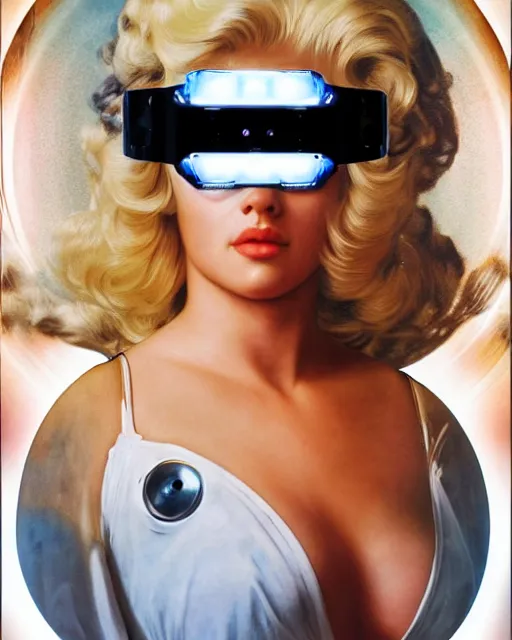 Prompt: centered portrait photo of cute young anna nicole smith as a solarpunk mecha humanoid robotic parts wearing goggles with bright lights, real human face, pudica pose by bouguereau, inside white room, ultra - realistic and detailed, 8 k