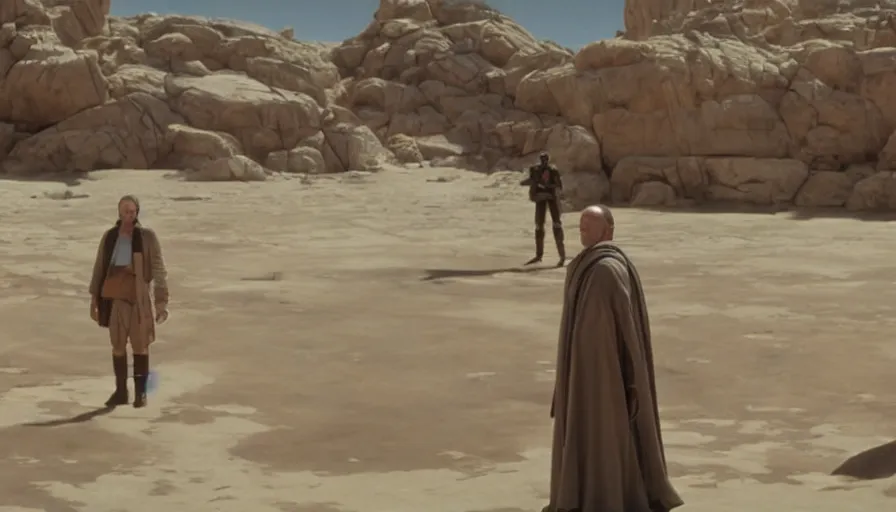 Prompt: screenshot from the lost star wars film, the lost jedi, scene of saul goodman talking to walter white, iconic scene from star wars, directed by stanely kubrick, moody cinematography, with anamorphic lenses, crisp, detailed, 4 k