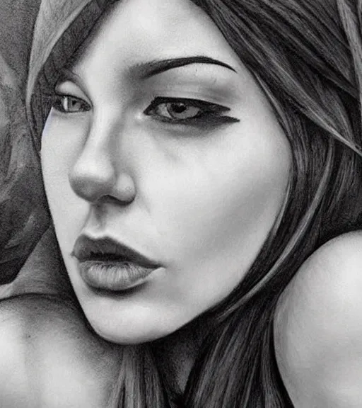 Image similar to tattoo design sketch of a beautiful woman face against a background of beautiful mountains and nature, hyper - realistic, in the style of den yakovlev, amazing detail, black and white