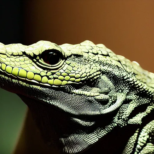 Prompt: High resolution!! Reptilian doing an interview, 8K, Cinematic, hyperrealistic, tv show