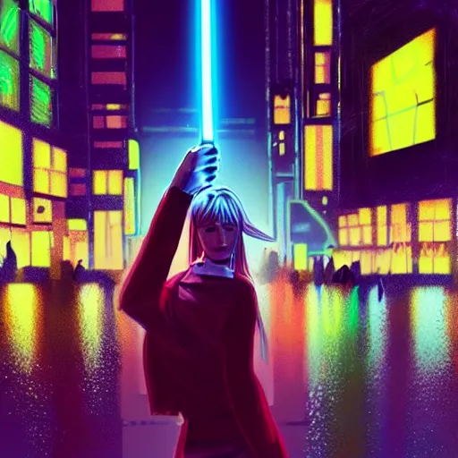 Prompt: a girl holding a lightsaber in a neon cyberpunk city at night, art station, digital art, cinematic, artgerm