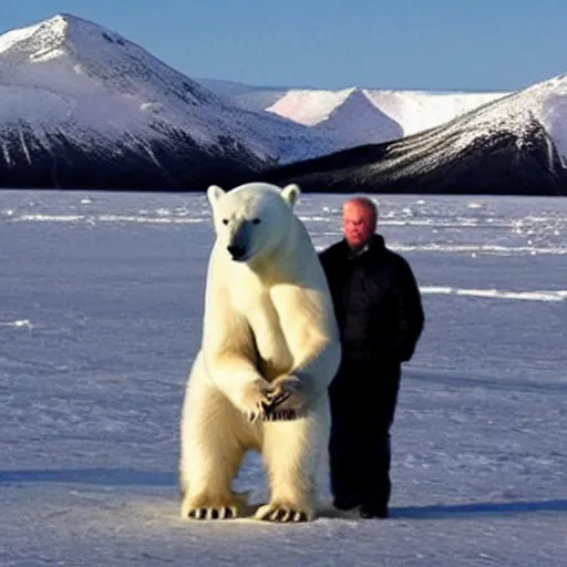 Image similar to a polar bear riding biden