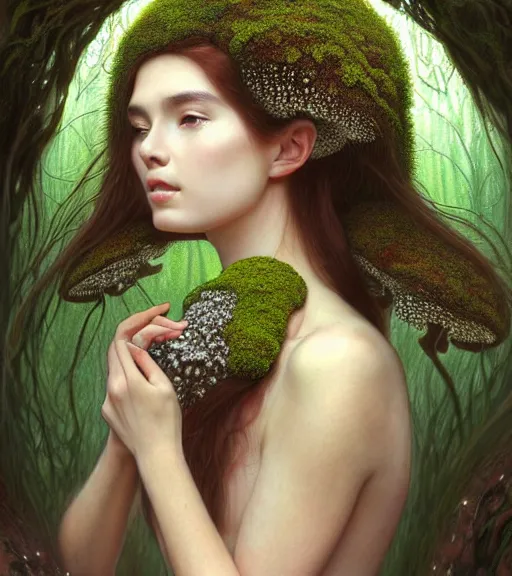 Image similar to full body portrait of teenage mushroom queen, long winding mycelium hair, peaceful expression, wearing clothing of lichen and fungus, bone jewelry, intricate, elegant, gem jewelry, mushroom cave, glowing lights, highly detailed, digital painting, artstation, concept art, smooth, sharp focus, illustration art by wlop, mucha, artgerm, and greg rutkowski