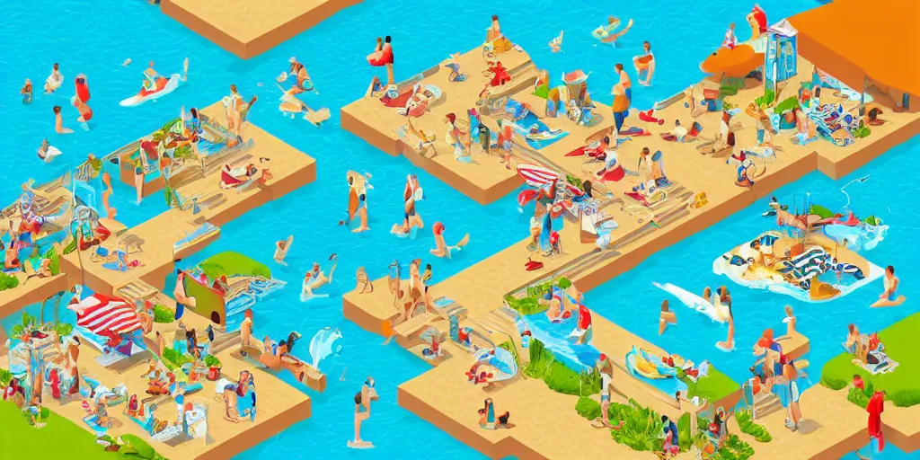 Image similar to a detailed isometric Where’s Waldo puzzle, setting is the beach