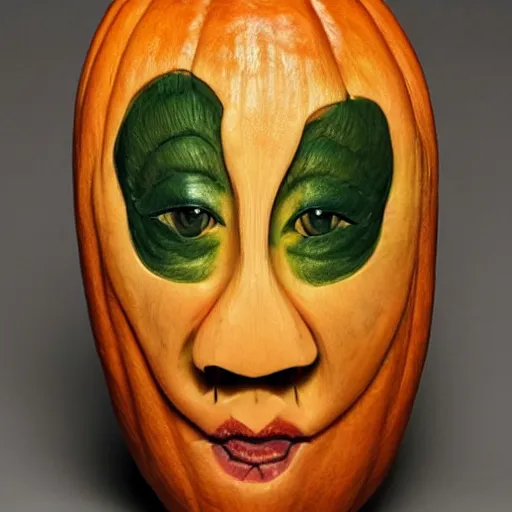 Image similar to a [ gourd ] carved shaped to look like ( amber heard ) face hybrid intercross